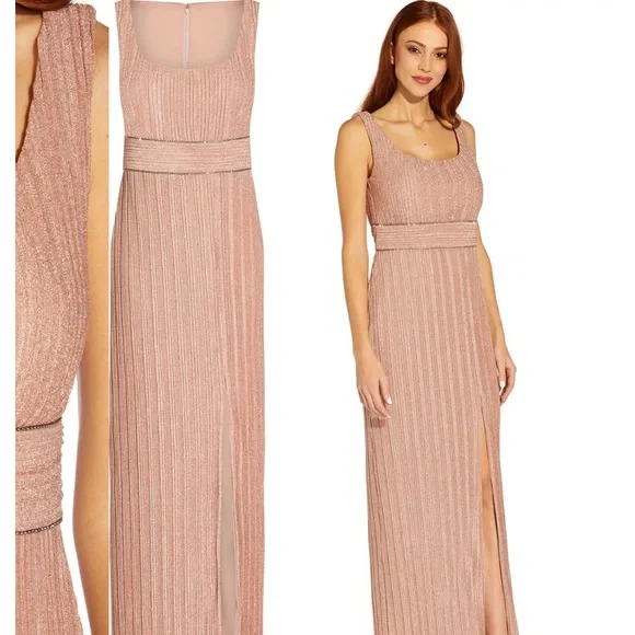 knee length dresses for ladies Pleated Metallic Cape Gown In Bronze-Bronze / Regular / 0 main image 1